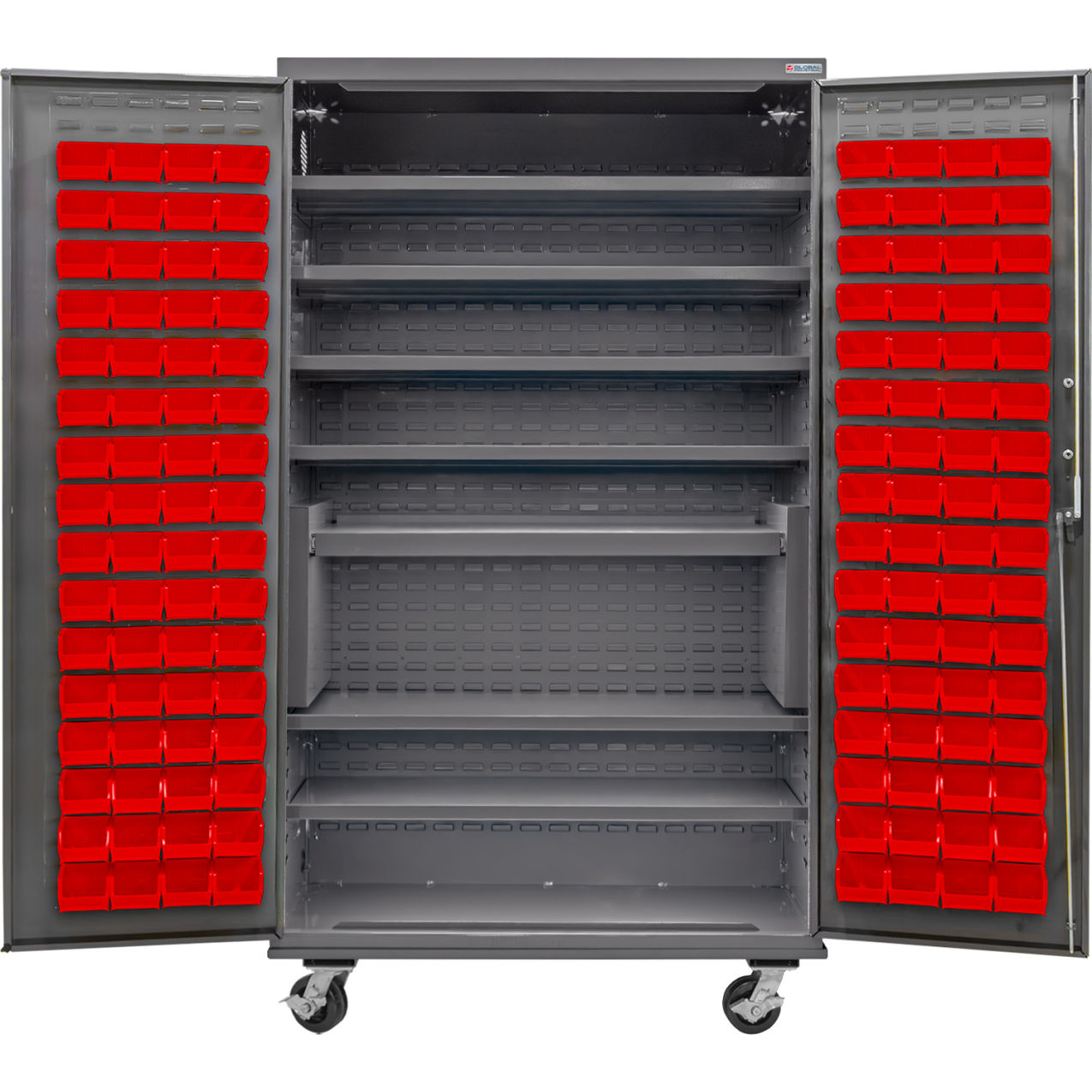 Configurable Mobile Bin & Shelf Cabinet, 48"Wx24"Dx85"H, 7 Shelves, 120 Red Bins