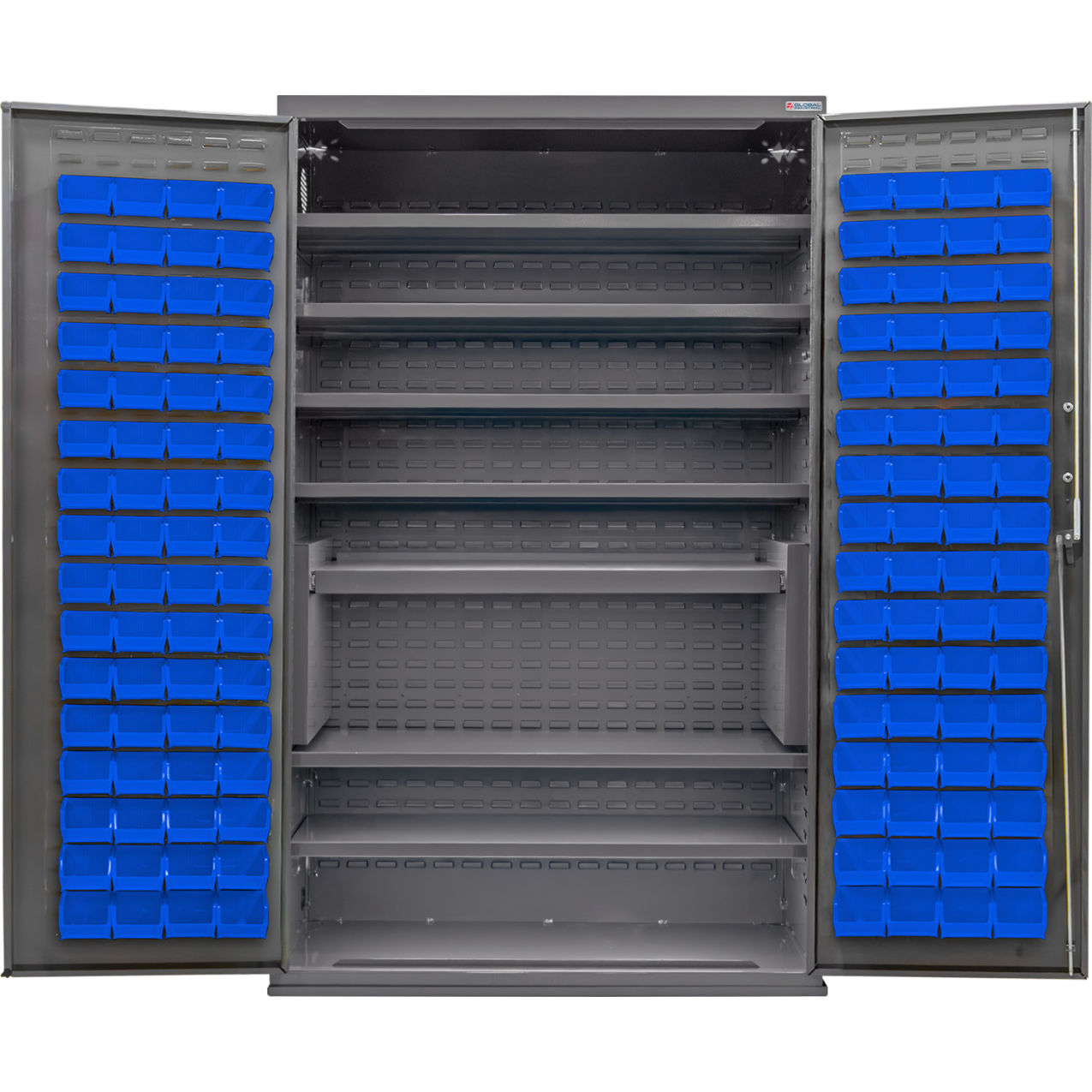 Configurable Bin & Shelf Cabinet, 48"W x 24"D x 78"H, 7 Shelves, 120 Blue Bins