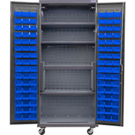 Configurable Mobile Charging Cabinet, 36"W x 24"D x 85"H, 4 Shelves, 96 Blue Bins