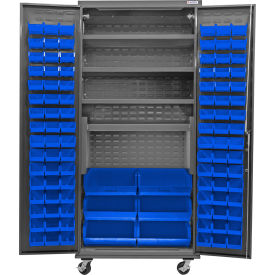 Configurable Mobile Charging Cabinet, 36"Wx24"Dx85"H, 4 Shelves, 102 Blue Bins
