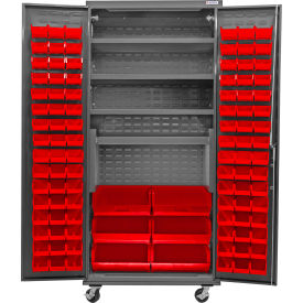 Configurable Mobile Charging Cabinet, 36"Wx24"Dx85"H, 4 Shelves, 102 Red Bins