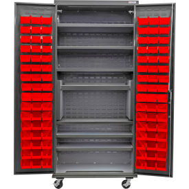 Configurable Mobile Charging Cabinet, 36"W x 24"D x 85"H, 7 Shelves, 96 Red Bins