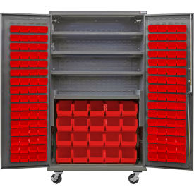Configurable Mobile Charging Cabinet, 48"Wx24"Dx85"H, 4 Shelves, 144 Red Bins