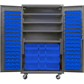 Configurable Mobile Charging Cabinet, 48"Wx24"Dx85"H, 4 Shelves, 144 Blue Bins