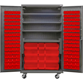 Configurable Mobile Charging Cabinet, 48"Wx24"Dx85"H, 4 Shelves, 144 Red Bins