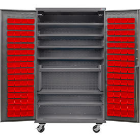 Configurable Mobile Charging Cabinet, 48"W x 24"D x 85"H, 7 Shelves, 120 Red Bins