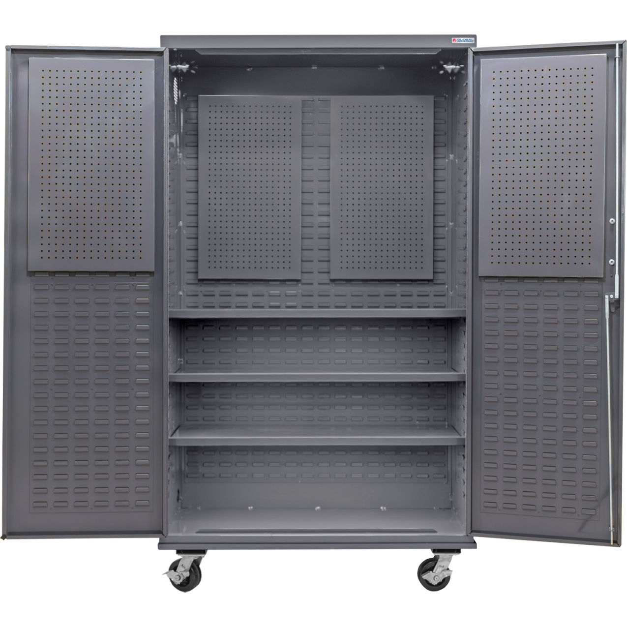 Configurable Mobile Pegboard Cabinet, 48"W x 24"D x 85"H, 3 Shelves