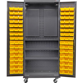 Configurable Mobile Pegboard Cabinet, 36"W x 24"D x 85"H, 3 Shelves, 96 YLW Bins