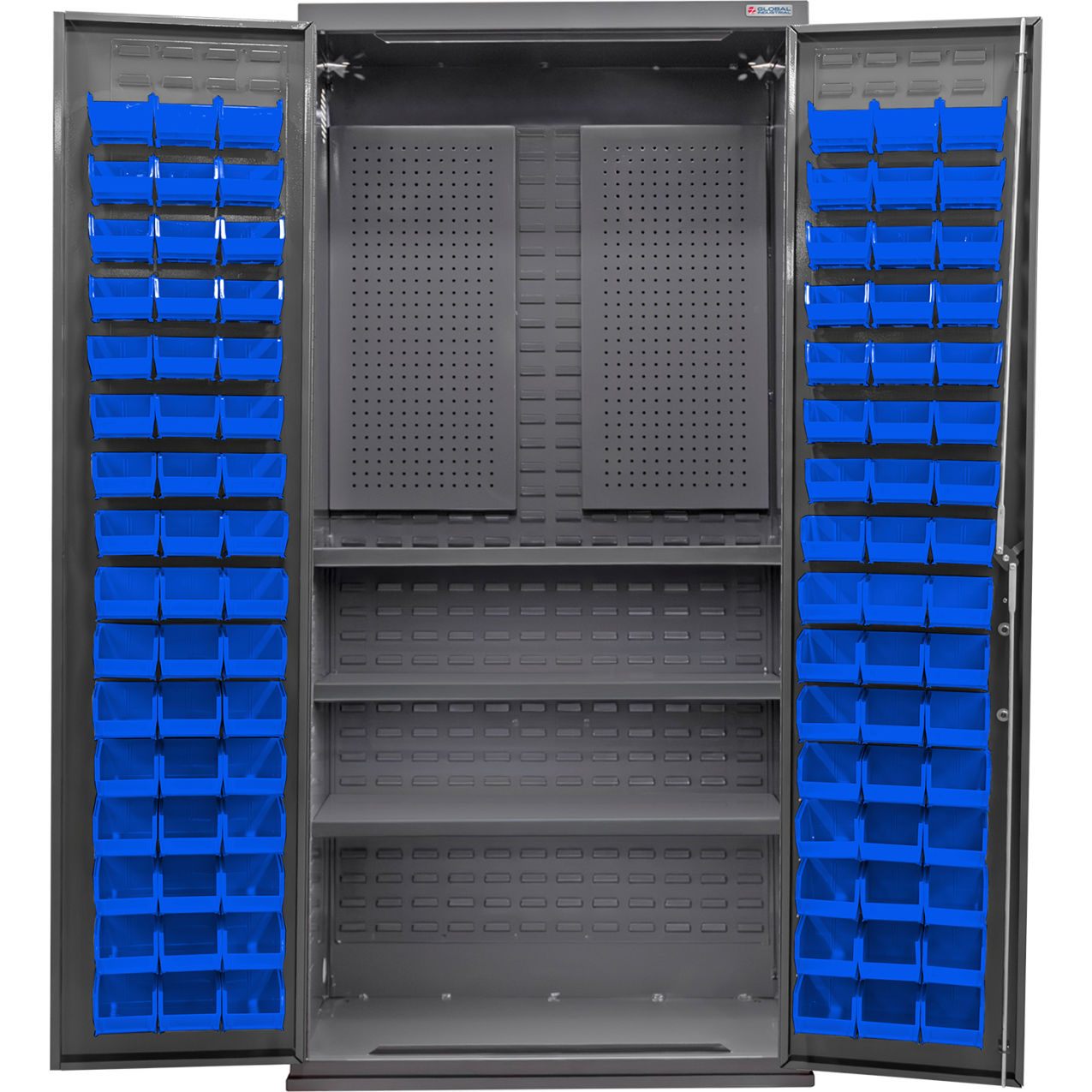 Configurable Pegboard Cabinet, 36"W x 24"D x 78"H, 3 Shelves, 96 Blue Bins