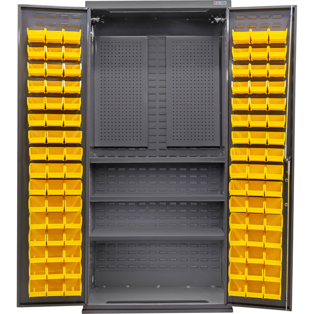 Configurable Pegboard Cabinet, 36"W x 24"D x 78"H, 3 Shelves, 96 Yellow Bins