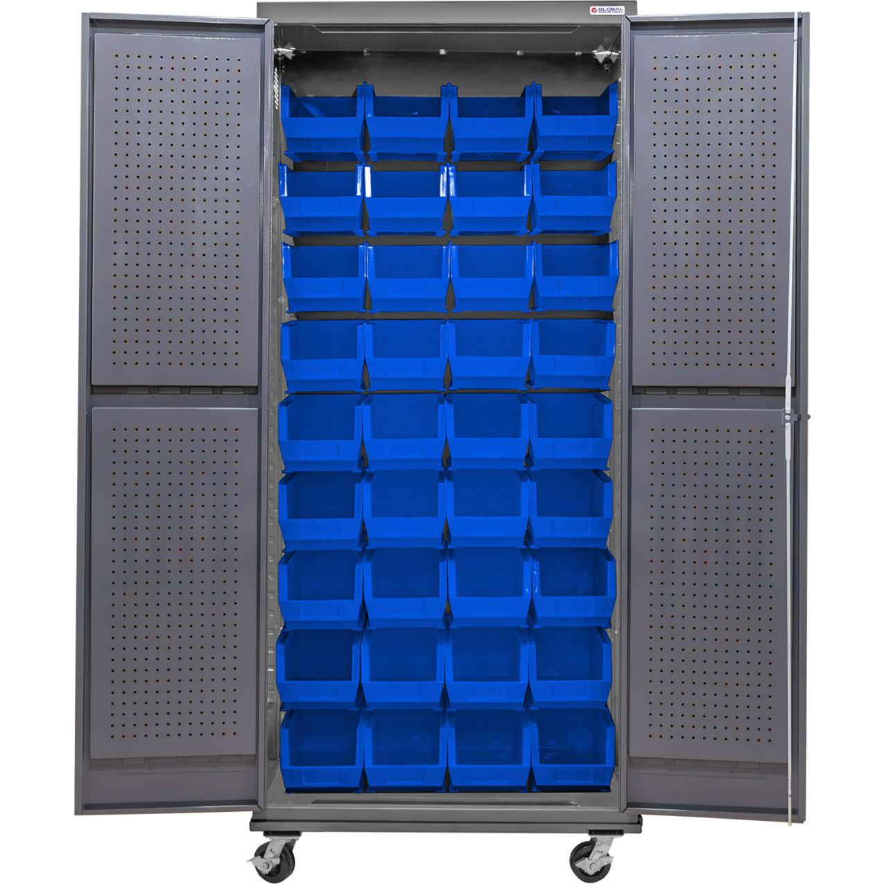 Configurable Mobile Pegboard Cabinet, 36"W x 24"D x 85"H, 36 Blue Bins