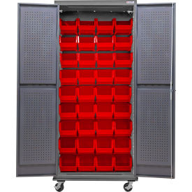 Configurable Mobile Pegboard Cabinet, 36"W x 24"D x 85"H, 36 Red Bins