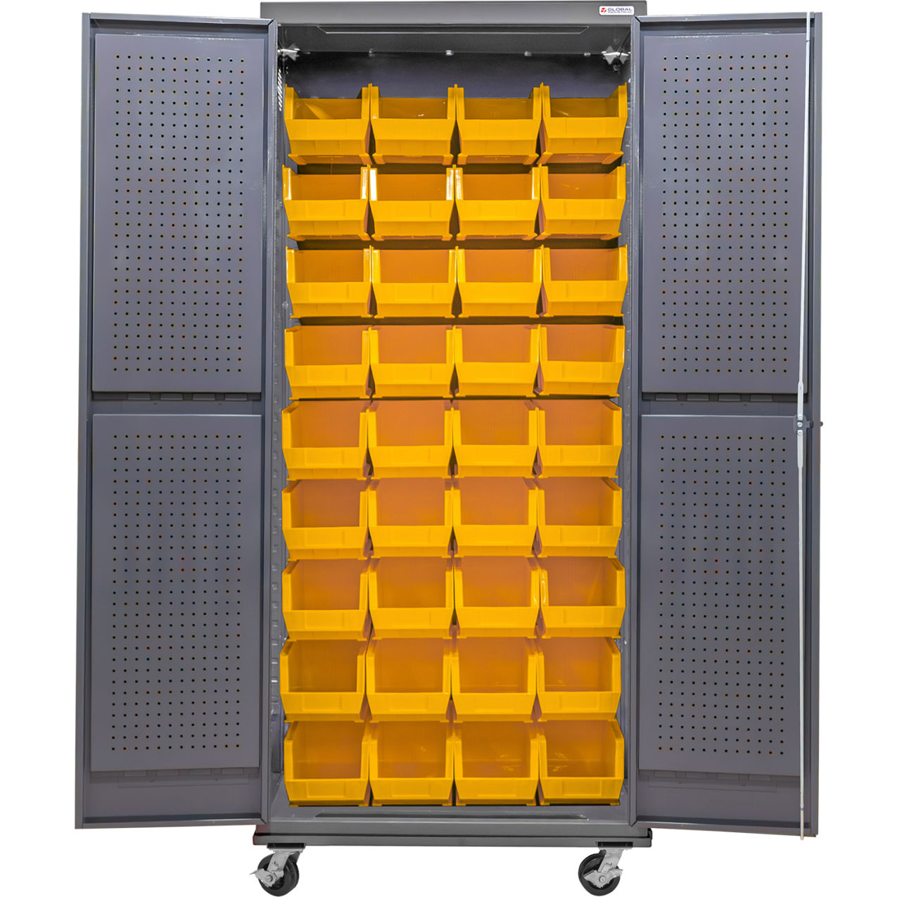 Configurable Mobile Pegboard Cabinet, 36"W x 24"D x 85"H, 36 Yellow Bins