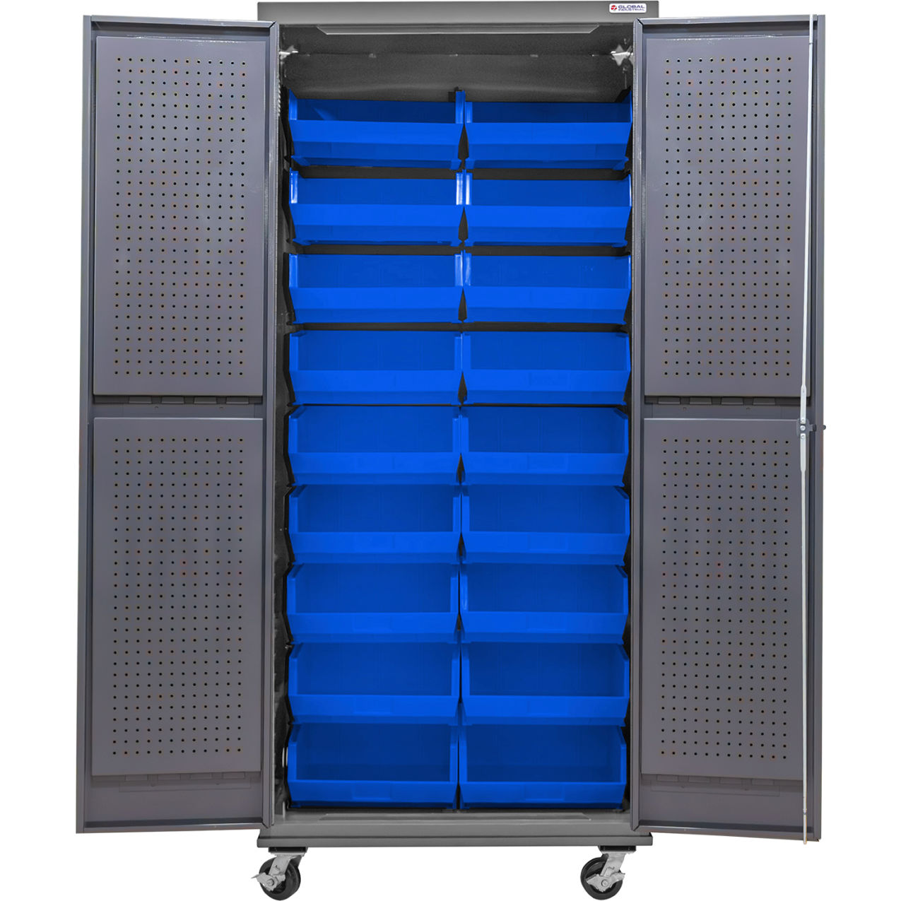 Configurable Mobile Pegboard Cabinet, 36"W x 24"D x 85"H, 18 Blue Bins