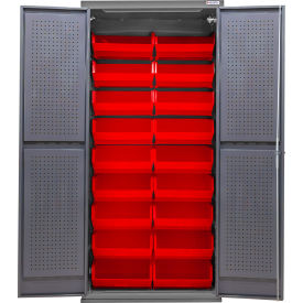 Configurable Pegboard Cabinet, 36"W x 24"D x 78"H, 18 Red Bins