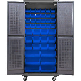 Configurable Mobile Pegboard Cabinet, 36"W x 24"D x 85"H, 42 Blue Bins