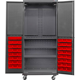 Configurable Mobile Pegboard Cabinet, 36"W x 24"D x 85"H, 3 Shelves, 48 Red Bins