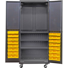 Configurable Mobile Pegboard Cabinet, 36"W x 24"D x 85"H, 3 Shelves, 48 YLW Bins