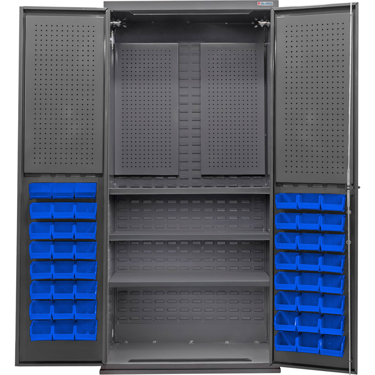 Configurable Pegboard Cabinet, 36"W x 24"D x 78"H, 3 Shelves, 48 Blue Bins