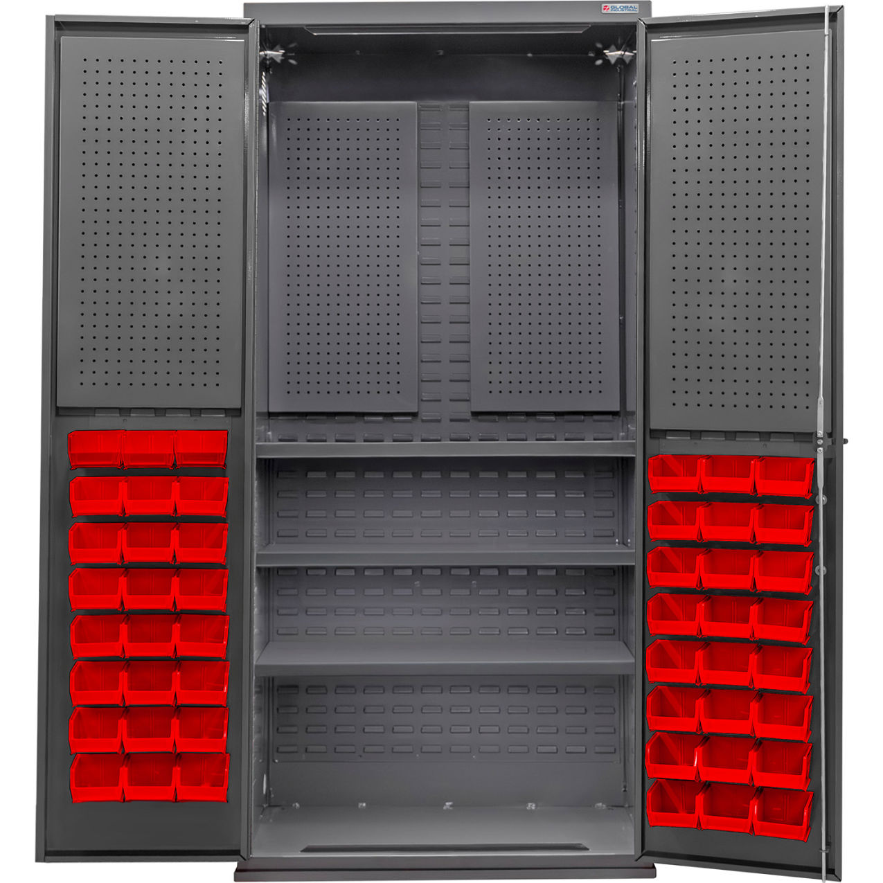 Configurable Pegboard Cabinet, 36"W x 24"D x 78"H, 3 Shelves, 48 Red Bins
