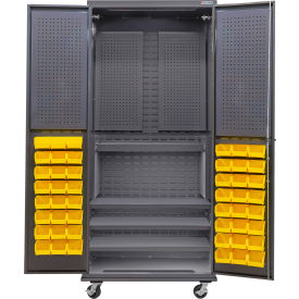 Configurable Mobile Pegboard Cabinet, 36"W x 24"D x 85"H, 4 Shelves, 48 YLW Bins