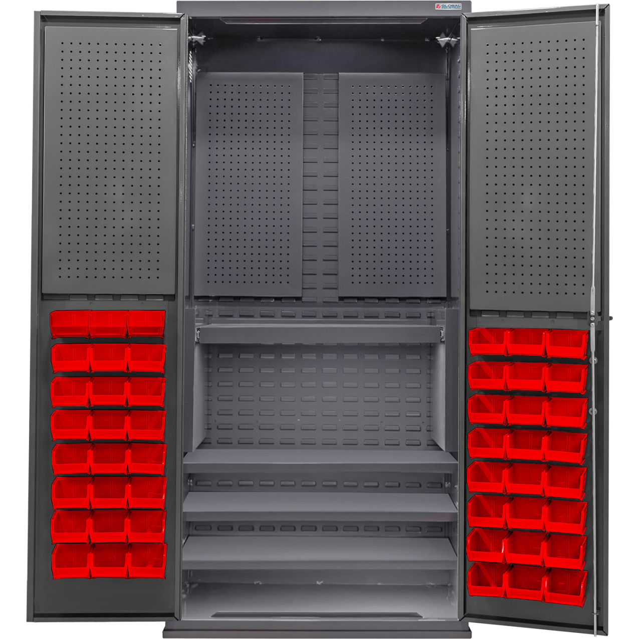 Configurable Pegboard Cabinet, 36"W x 24"D x 78"H, 4 Shelves, 48 Red Bins