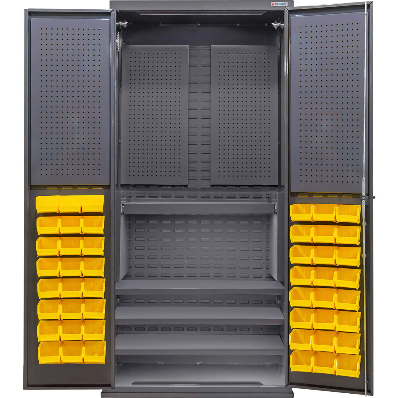 Configurable Pegboard Cabinet, 36"W x 24"D x 78"H, 4 Shelves, 48 Yellow Bins