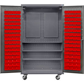 Configurable Mobile Pegboard Cabinet, 48"W x 24"D x 85"H, 3 Shelves, 120 Red Bins
