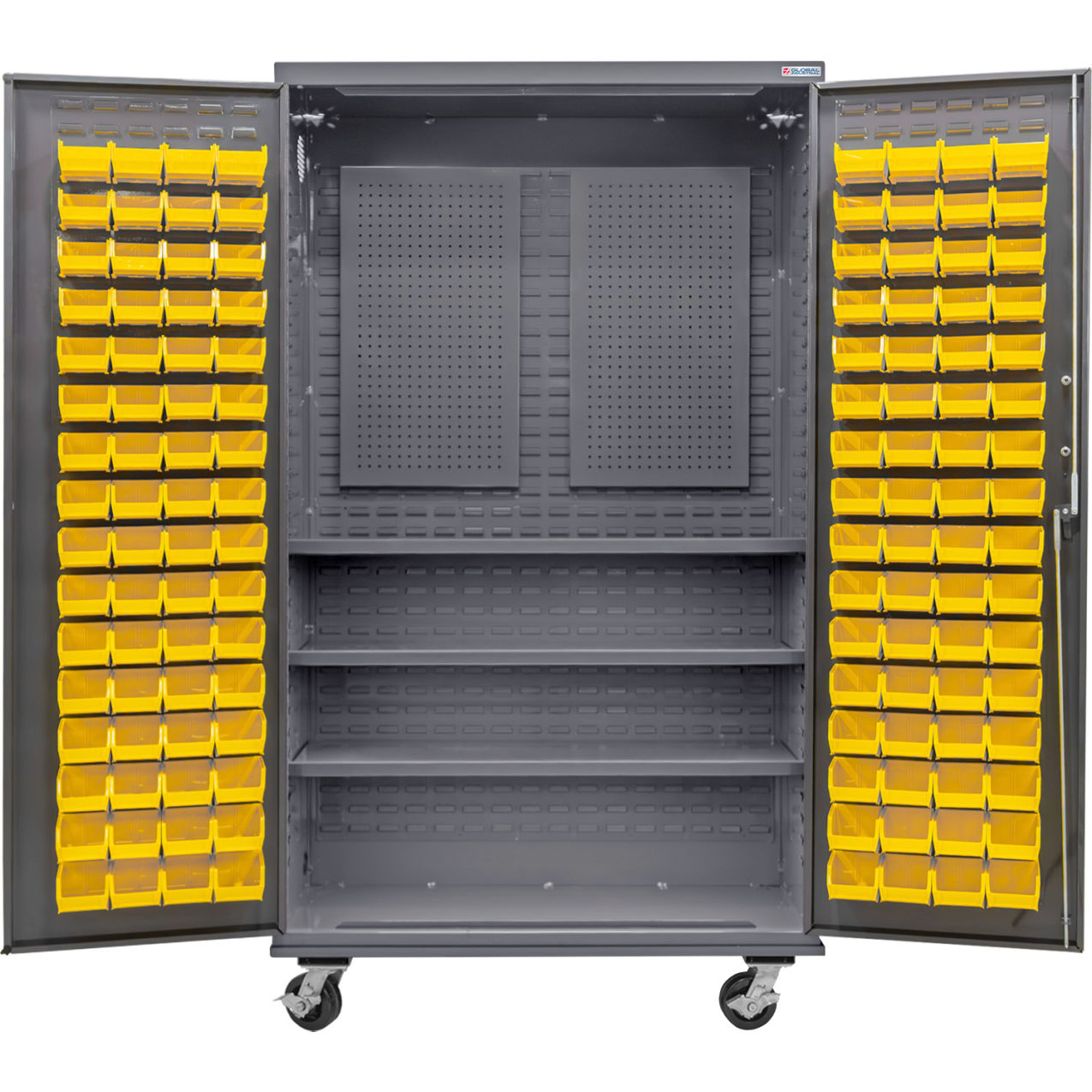 Configurable Mobile Pegboard Cabinet, 48"W x 24"D x 85"H, 3 Shelves, 120 YLW Bins