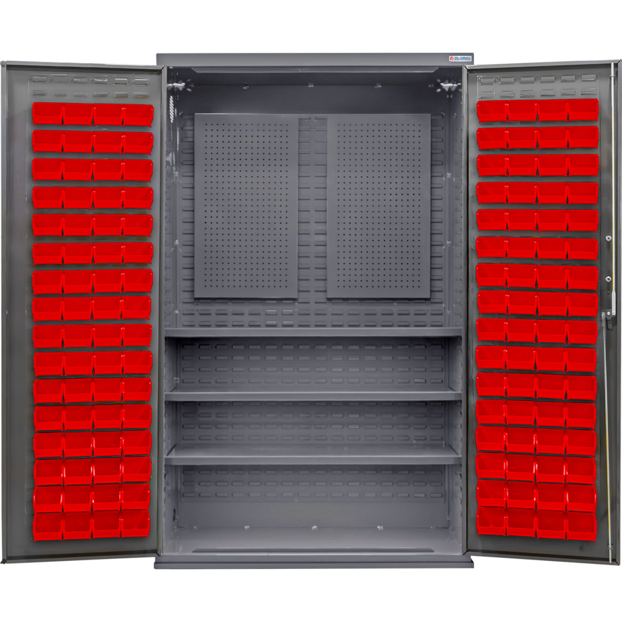 Configurable Pegboard Cabinet, 48"W x 24"D x 78"H, 3 Shelves, 120 Red Bins