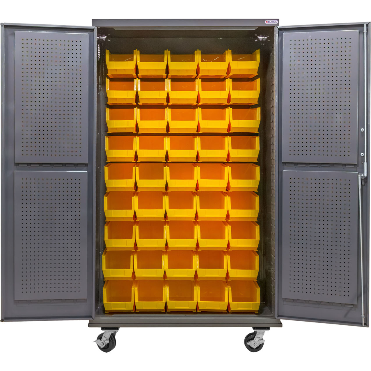 Configurable Mobile Pegboard Cabinet, 48"W x 24"D x 85"H, 48 Yellow Bins
