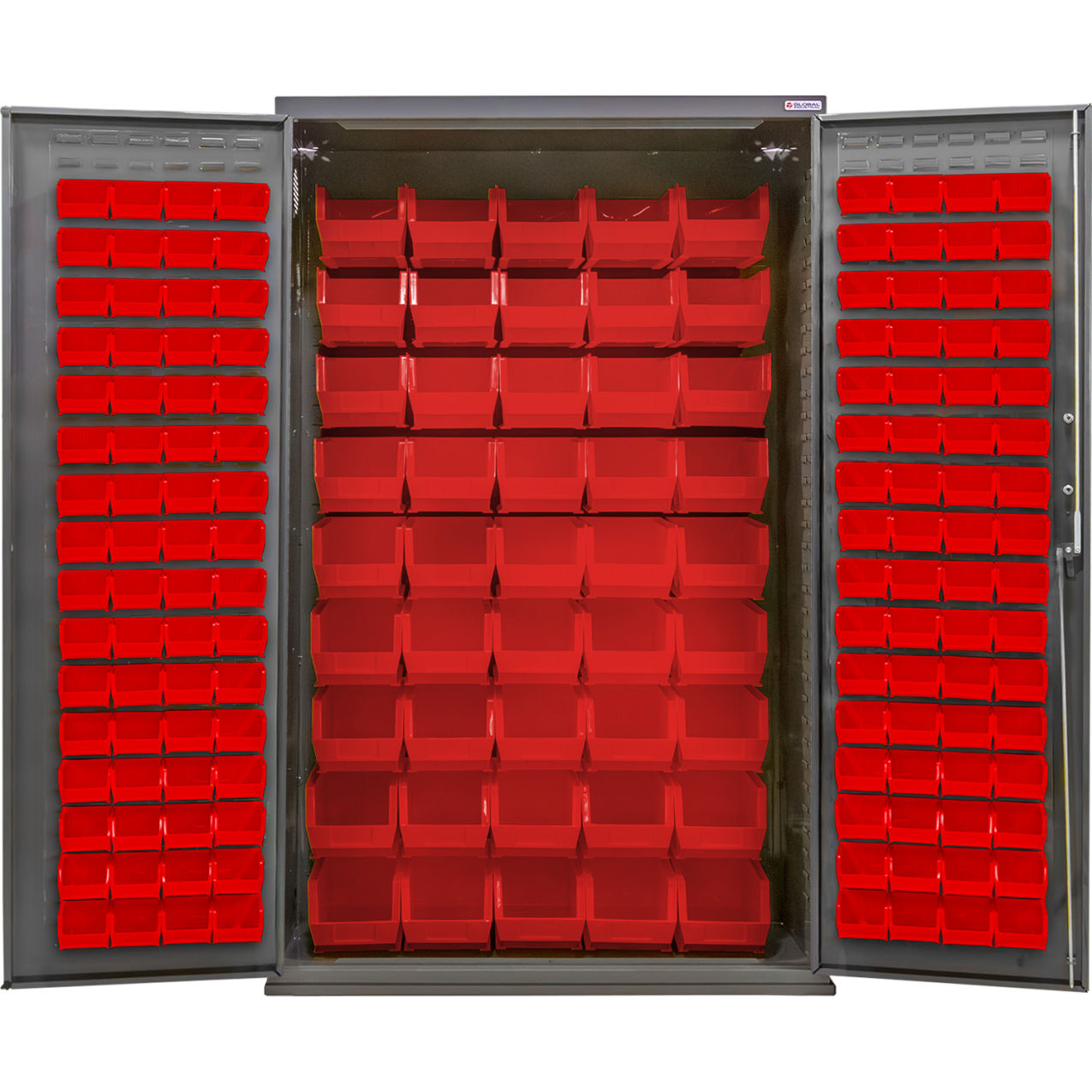 Configurable Pegboard Cabinet, 48"W x 24"D x 78"H, 48 Red Bins