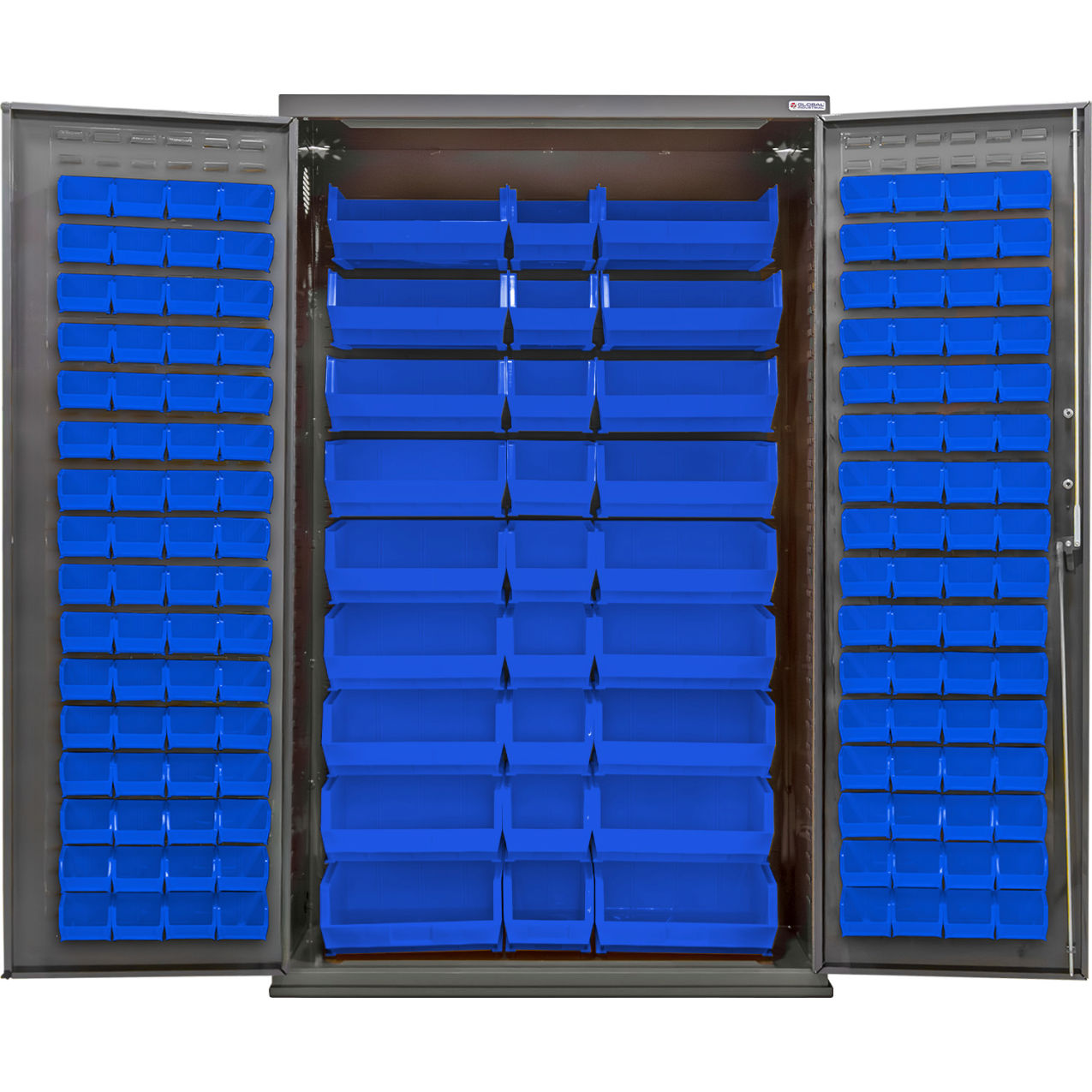 Configurable Pegboard Cabinet, 48"W x 24"D x 78"H, 30 Blue Bins