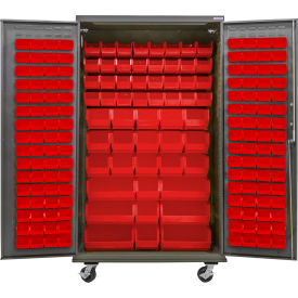 Configurable Mobile Pegboard Cabinet, 48"W x 24"D x 85"H, 66 Red Bins