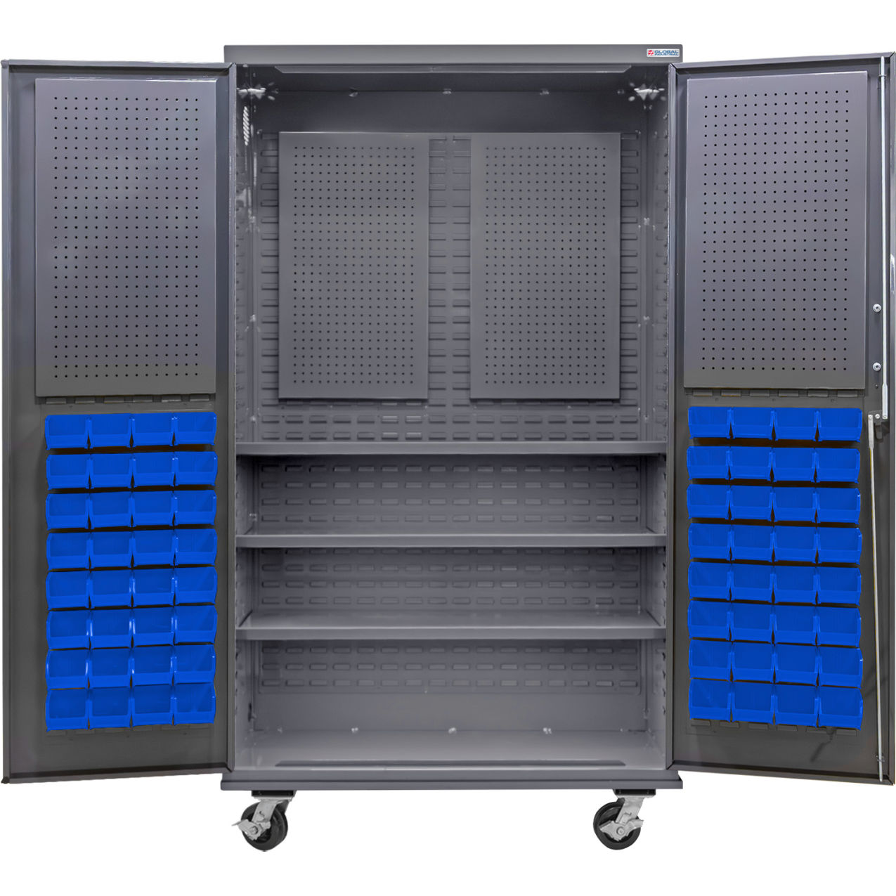 Configurable Mobile Pegboard Cabinet, 48"W x 24"D x 85"H, 3 Shelves, 72 Blue Bins
