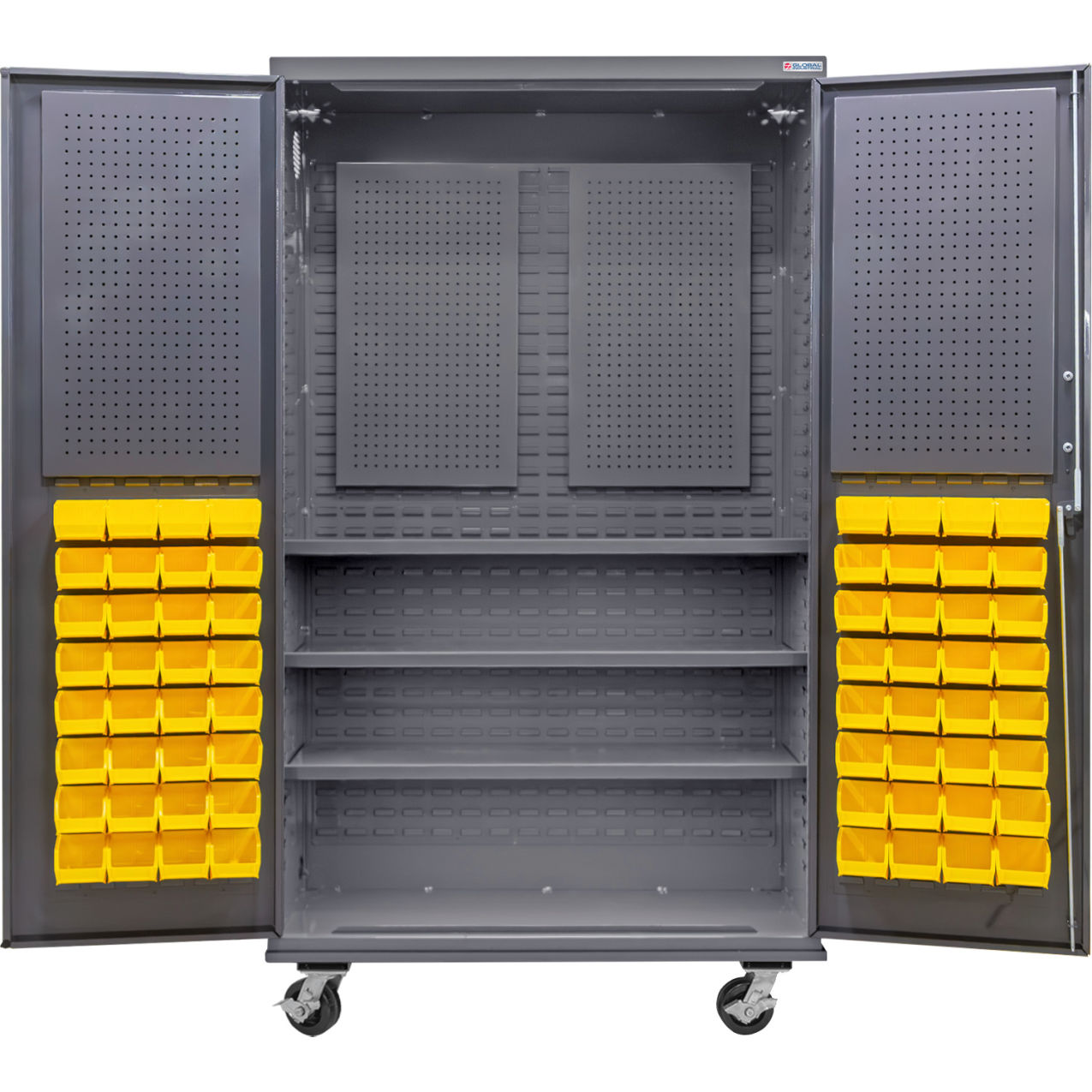 Configurable Mobile Pegboard Cabinet, 48"W x 24"D x 85"H, 3 Shelves, 72 YLW Bins