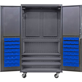 Configurable Mobile Pegboard Cabinet, 48"W x 24"D x 85"H, 4 Shelves, 72 Blue Bins