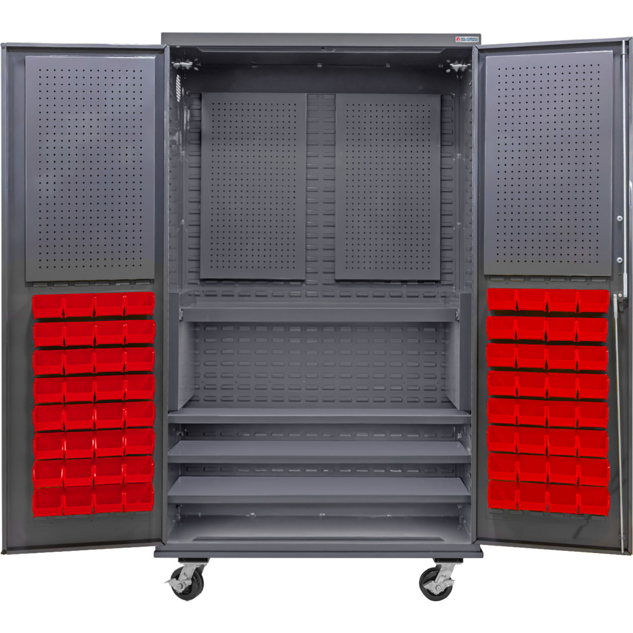Configurable Mobile Pegboard Cabinet, 48"W x 24"D x 85"H, 4 Shelves, 72 Red Bins