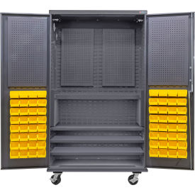 Configurable Mobile Pegboard Cabinet, 48"W x 24"D x 85"H, 4 Shelves, 72 YLW Bins