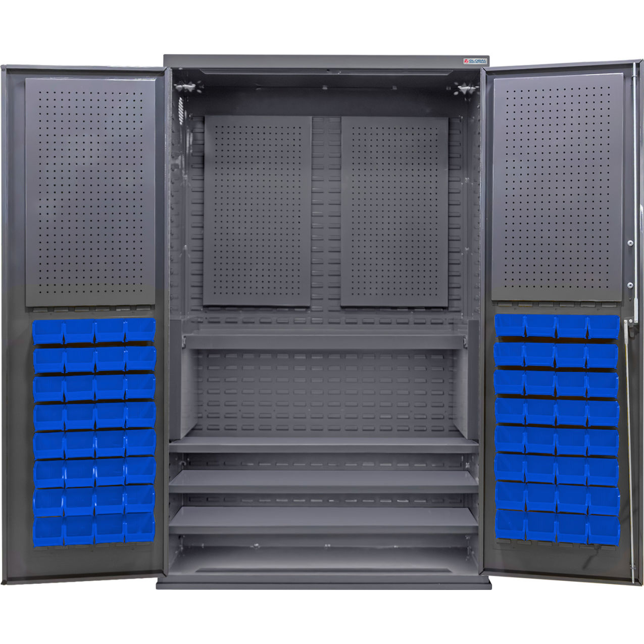 Configurable Pegboard Cabinet, 48"W x 24"D x 78"H, 4 Shelves, 72 Blue Bins