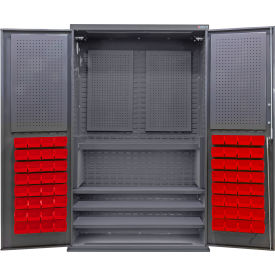 Configurable Pegboard Cabinet, 48"W x 24"D x 78"H, 4 Shelves, 72 Red Bins