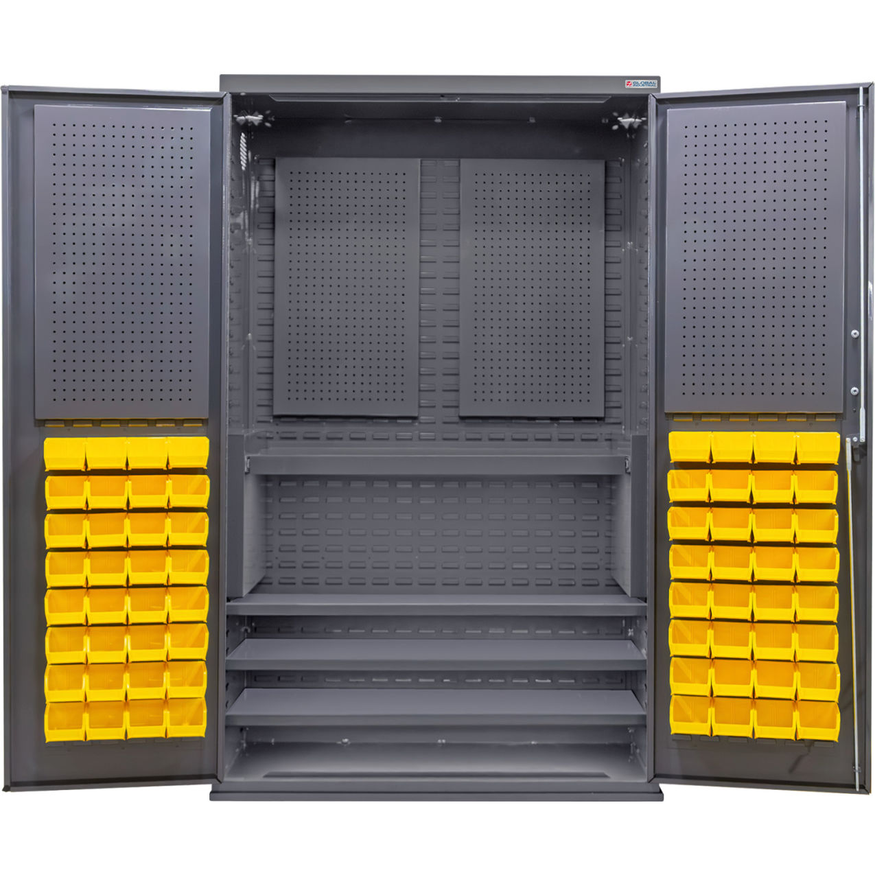 Configurable Pegboard Cabinet, 48"W x 24"D x 78"H, 4 Shelves, 72 Yellow Bins