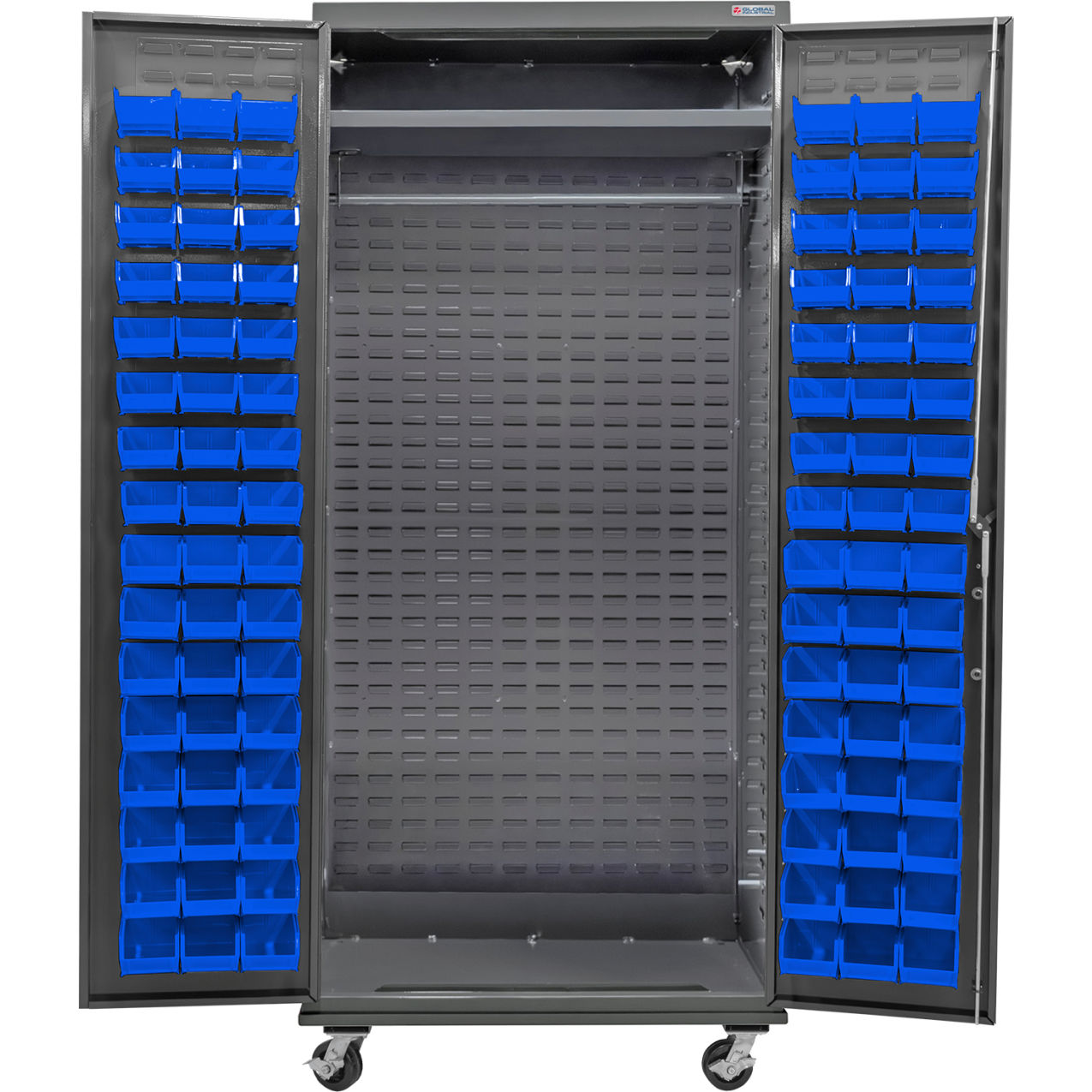 Configurable Mobile Wardrobe Cabinet, 36"W x 24"D x 85"H, 96 Blue Bins