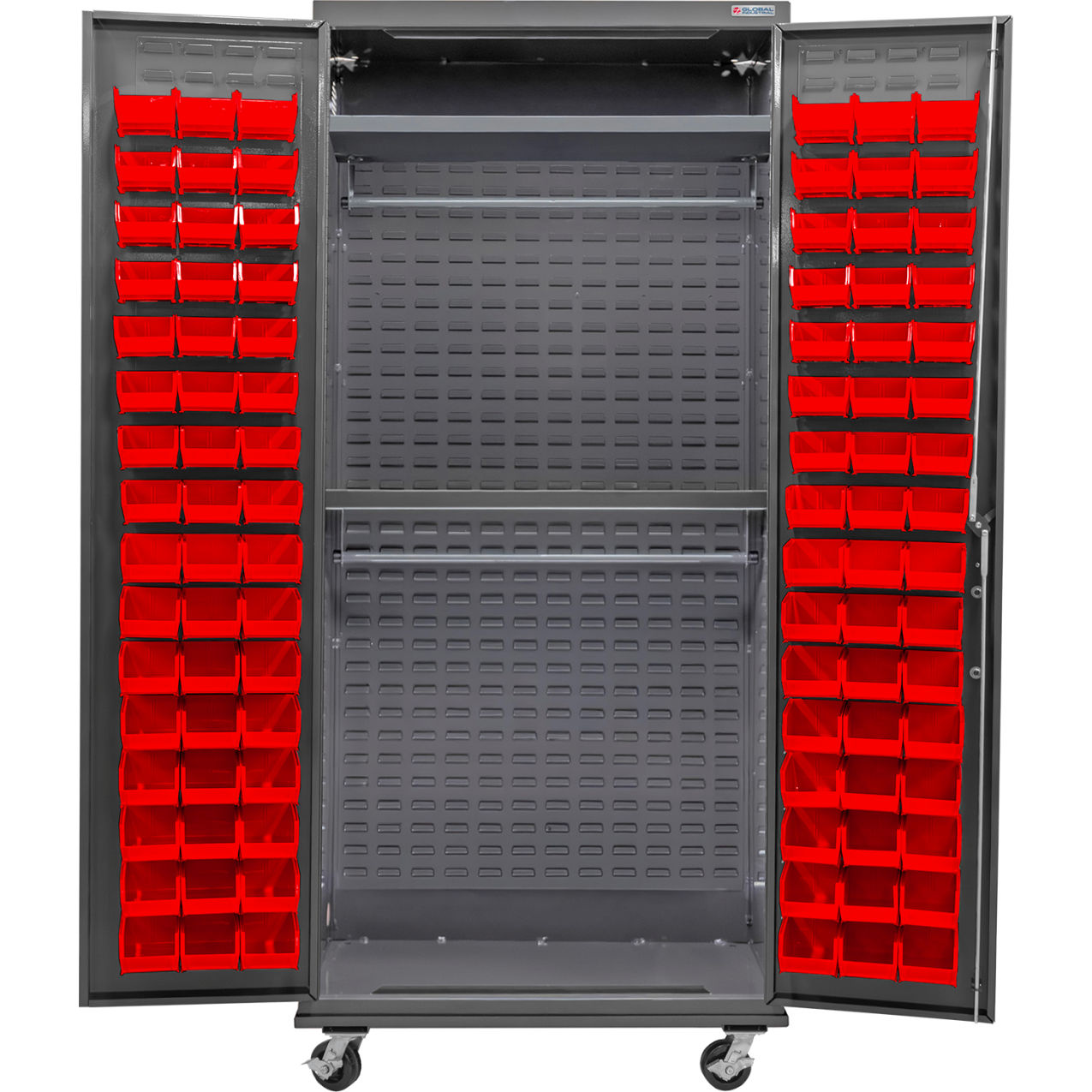 Configurable Mobile Wardrobe Cabinet, 36"W x 24"D x 85"H, 2 Shelves, 96 Red Bins