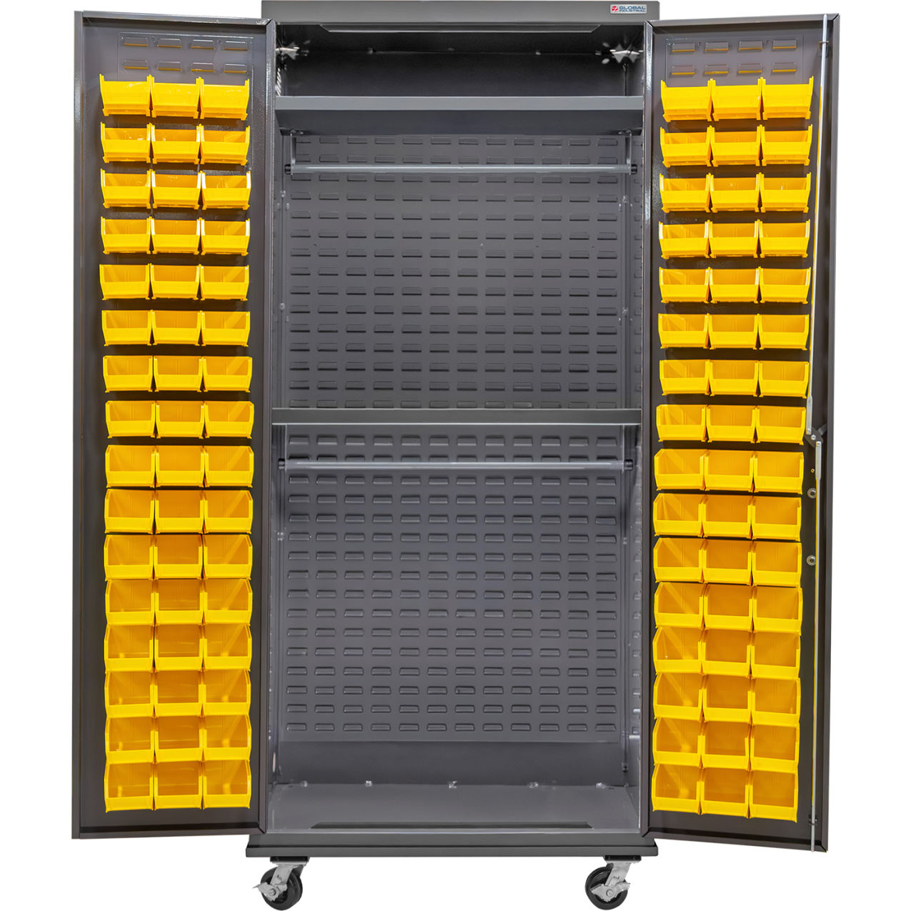 Configurable Mobile Wardrobe Cabinet, 36"W x 24"D x 85"H, 2 Shelves, 96 YLW Bins