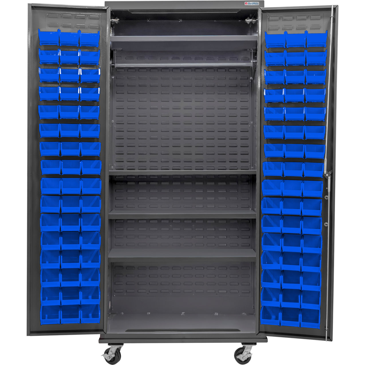 Configurable Mobile Wardrobe Cabinet, 36"W x 24"D x 85"H, 4 Shelves, 96 Blue Bins