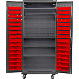 Configurable Mobile Wardrobe Cabinet, 36"W x 24"D x 85"H, 4 Shelves, 96 Red Bins