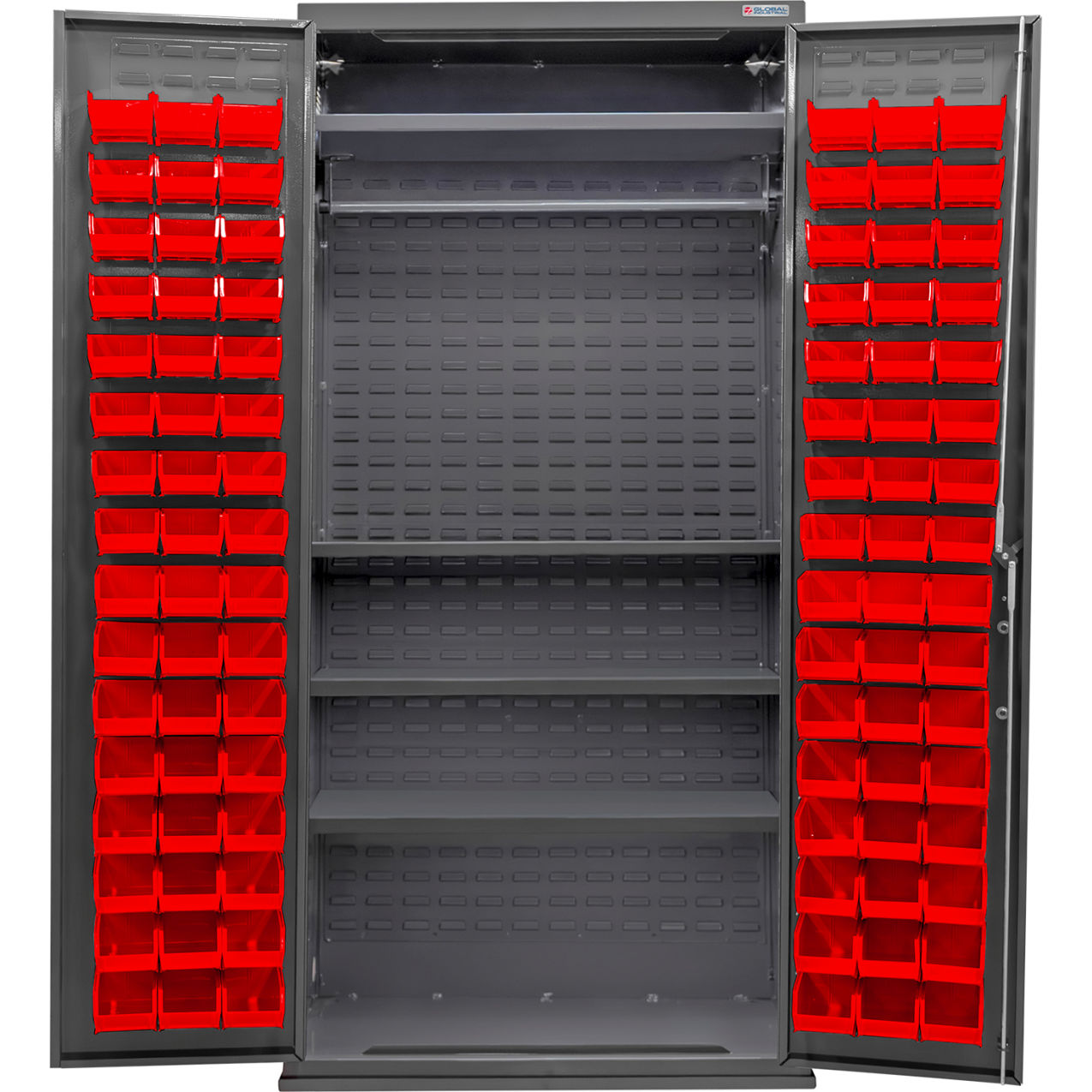 Configurable Wardrobe Cabinet, 36"W x 24"D x 78"H, 4 Shelves, 96 Red Bins