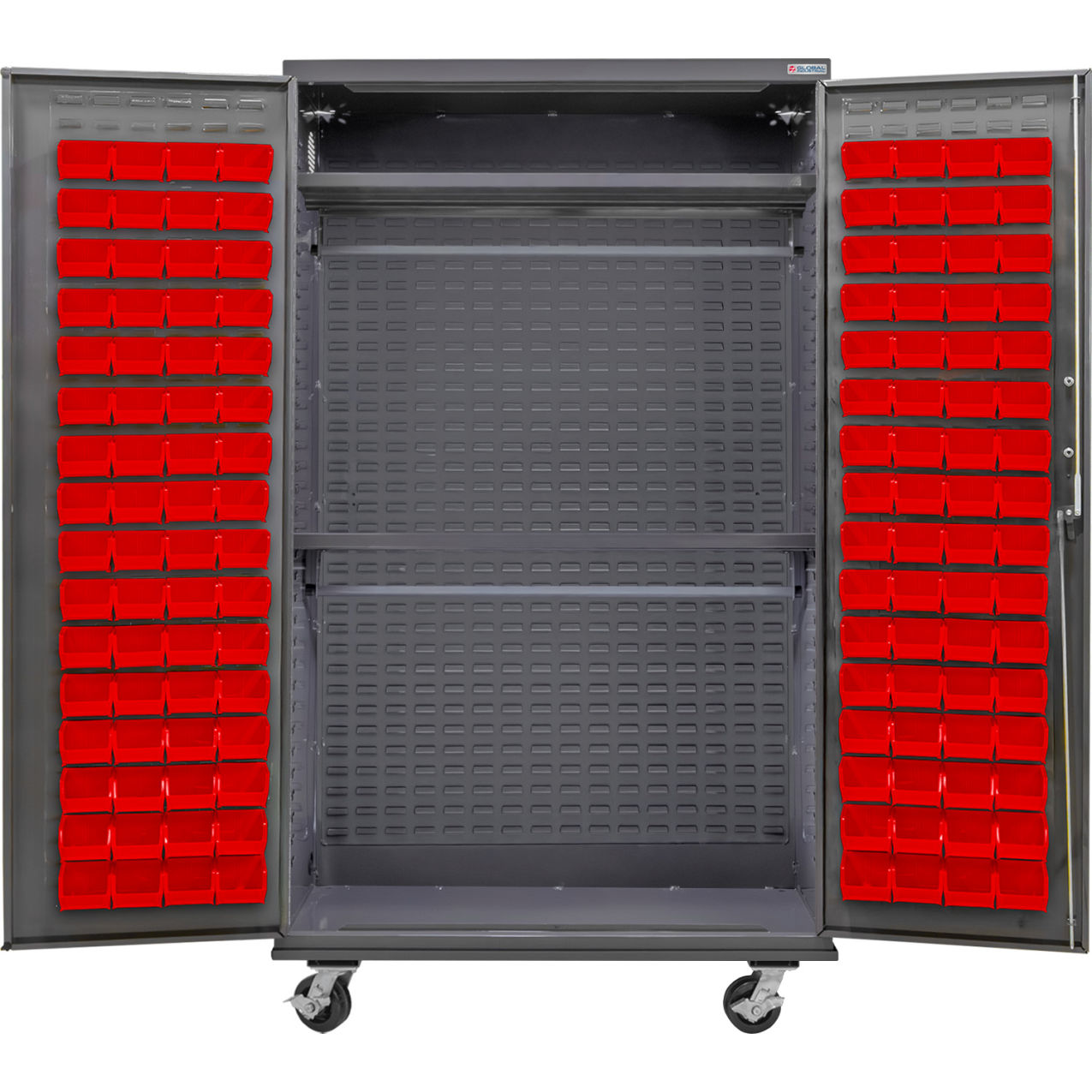 Configurable Mobile Wardrobe Cabinet, 48"W x 24"D x 85"H, 2 Shelves, 120 Red Bins