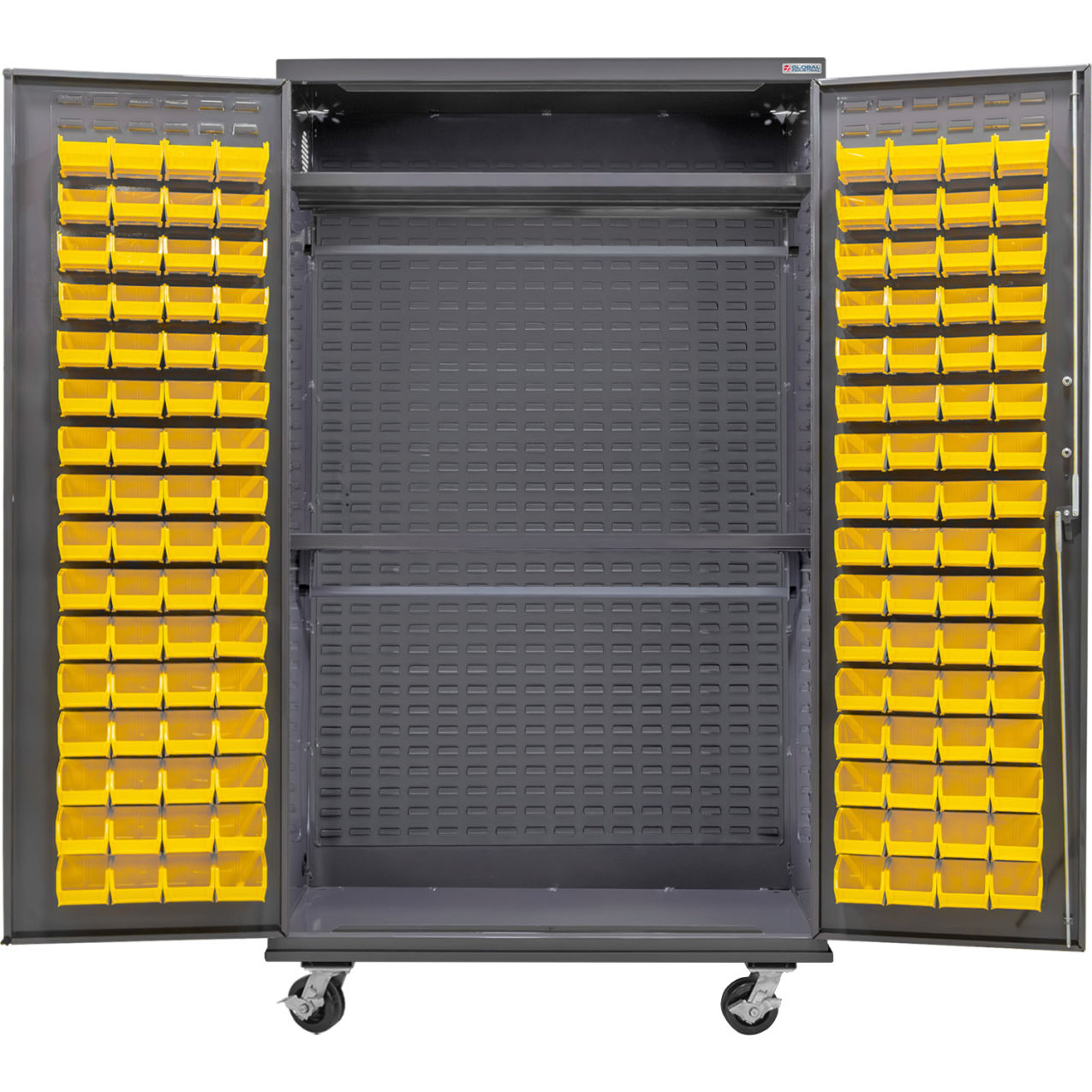 Configurable Mobile Wardrobe Cabinet, 48"W x 24"D x 85"H, 2 Shelves, 120 YLW Bins